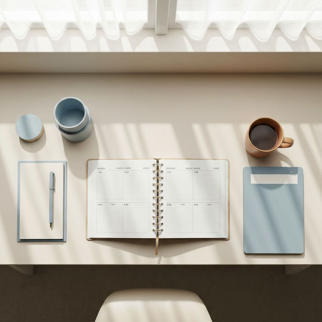 Organized desk with planner and morning routine items