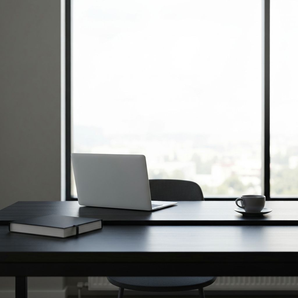 Modern office workspace with laptop and natural daylight